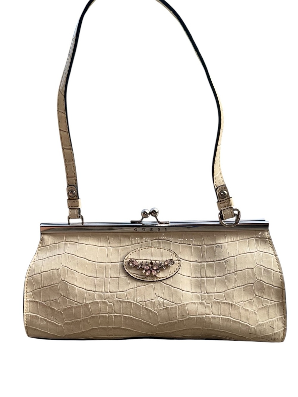 Vintage Guess Y2K Ivory Croc Embossed Kiss Lock Shoulder Bag Floral Rhinestone P